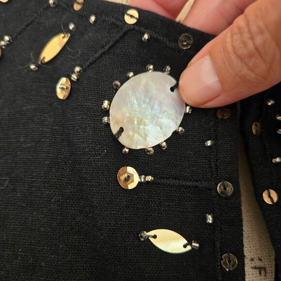 Versailles Black Linen Jacket with Beads and Mother of Pearl, Sz 14 - Picture 7 of 11